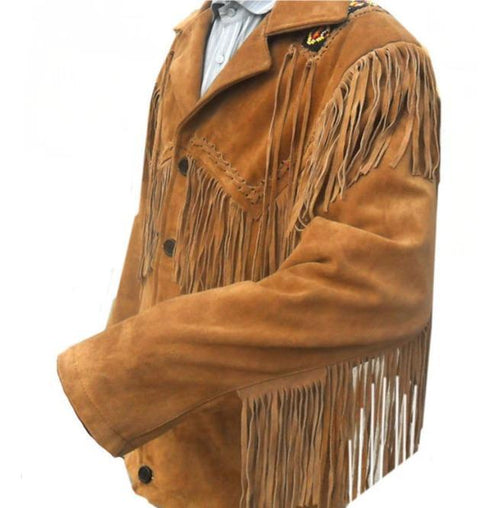 Chaqueta de ante con flecos estilo western color camel para hombre | Ropa de piel plena flor