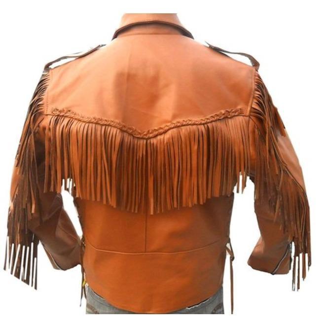 Men’s Tan Western Cowhide Leather Fringe Jacket | Full Grain Apparel