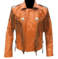 Men’s Tan Western Cowhide Leather Fringe Jacket | Full Grain Apparel