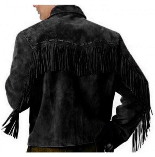 Men's Black Suede Western Fringe Jacket with Beads | Full Grain Apparel