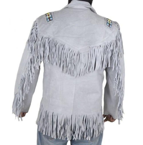 Chaqueta Vaquera Blanca de Cuero Auténtico con Flecos Hecha a Mano para Hombre | Prenda de Piel de Grano Completo