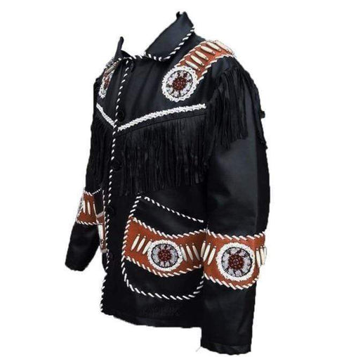 Chaqueta Western Negra de Cuero con Flecos para Hombre Hecha a Mano | Prenda de Piel de Grano Completo