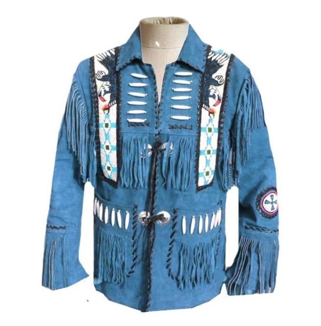 Men's Blue Western Suede Fringe Jacket | Full Grain Apparel