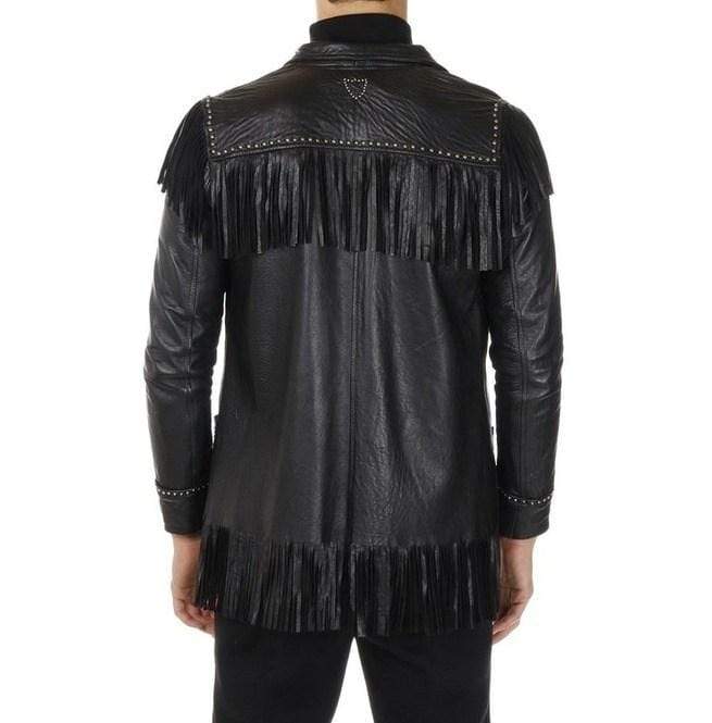 Men's Black Native American Leather Fringe Coat | Full Grain Apparel