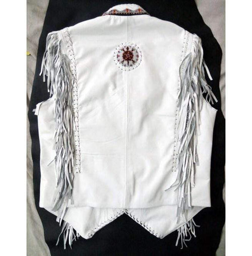 Chaqueta Vaquera Blanca de Cuero con Flecos para Hombre Hecha a Mano | Prenda de Piel de Grano Completo