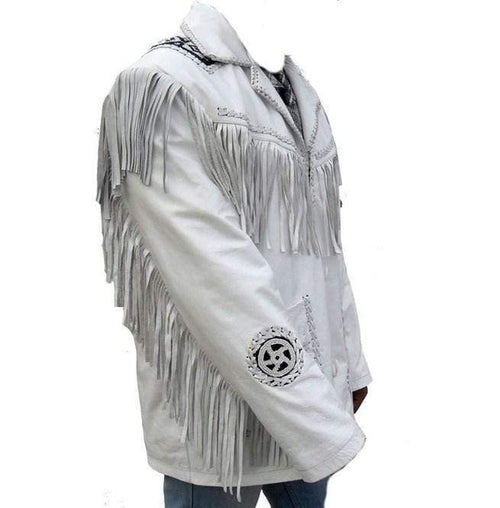 Chaqueta vaquera blanca con flecos hecha a mano para hombre | Prendas de piel de plena flor