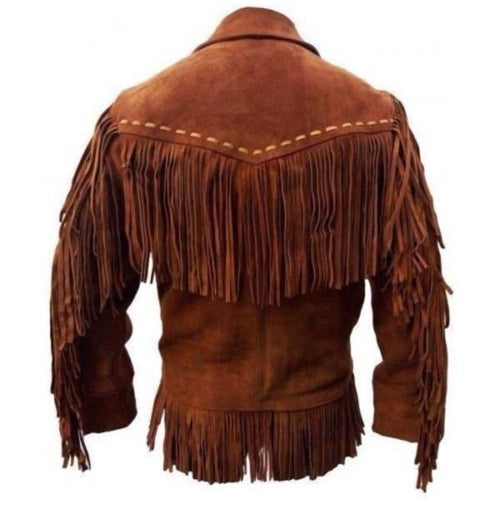 Chaqueta de ante para hombre de estilo western con flecos, color camel | Confección en piel plena flor