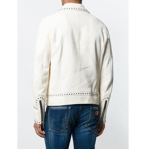 Chaqueta de Motociclista Blanca de Cuero Tachonada para Hombre | Prenda de Piel de Grano Completo