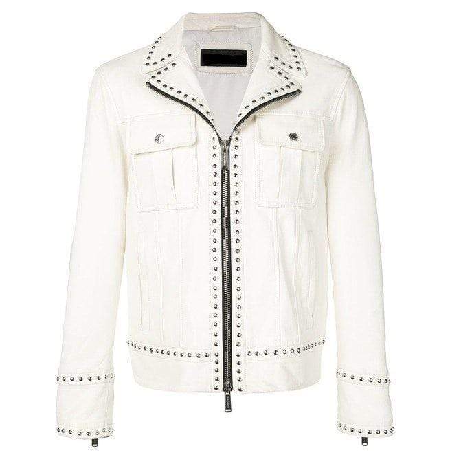 Men's White Studded Leather Motorcycle Jacket | Full Grain Apparel