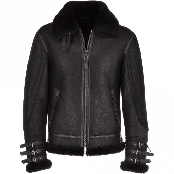 Men’s Black Aviator Flying Bomber Shearling Leather Jacket | Full Grain Apparel