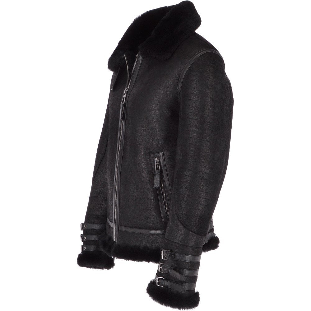 Men’s Black Aviator Flying Bomber Shearling Leather Jacket | Full Grain Apparel