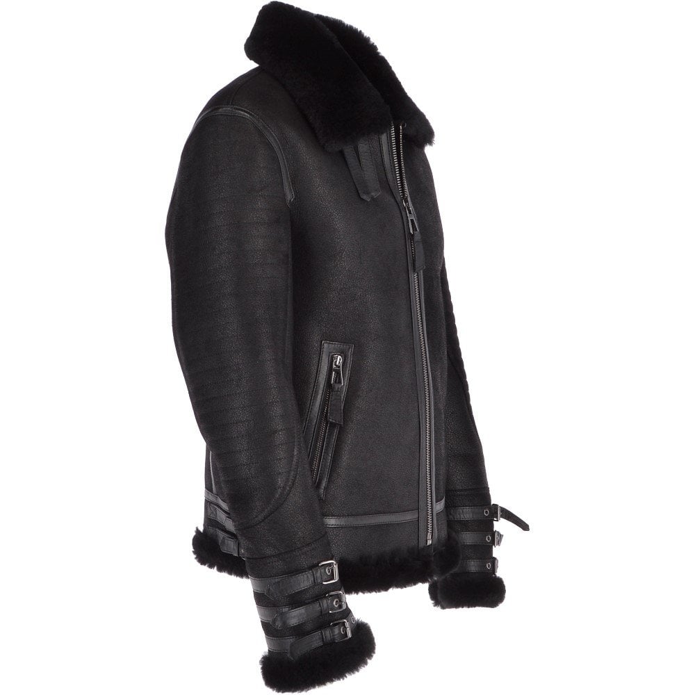 Men’s Black Aviator Flying Bomber Shearling Leather Jacket | Full Grain Apparel
