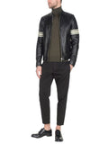 Men’s Apex Black Leather Jacket with White Racing Stripes | Industrial Moto Gilet | Full Grain Apparel