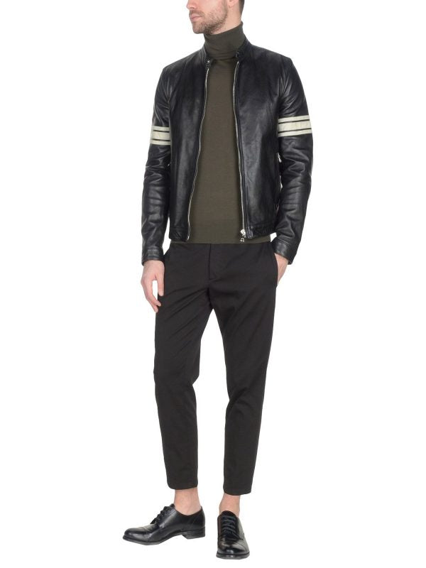 Men’s Apex Black Leather Jacket with White Racing Stripes | Industrial Moto Gilet | Full Grain Apparel