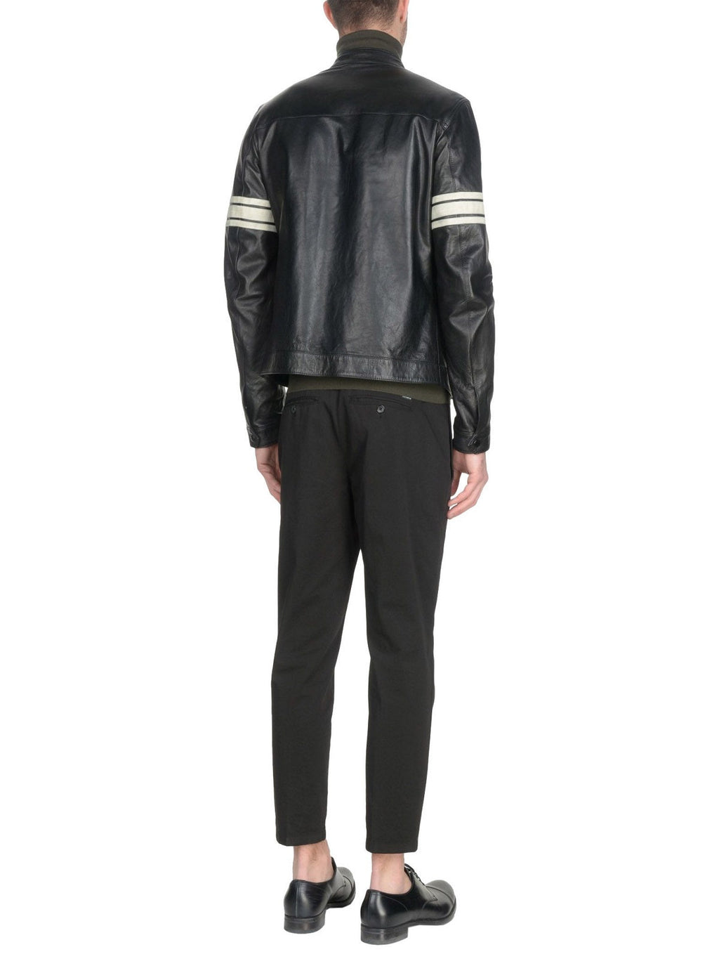 Men’s Apex Black Leather Jacket with White Racing Stripes | Industrial Moto Gilet | Full Grain Apparel