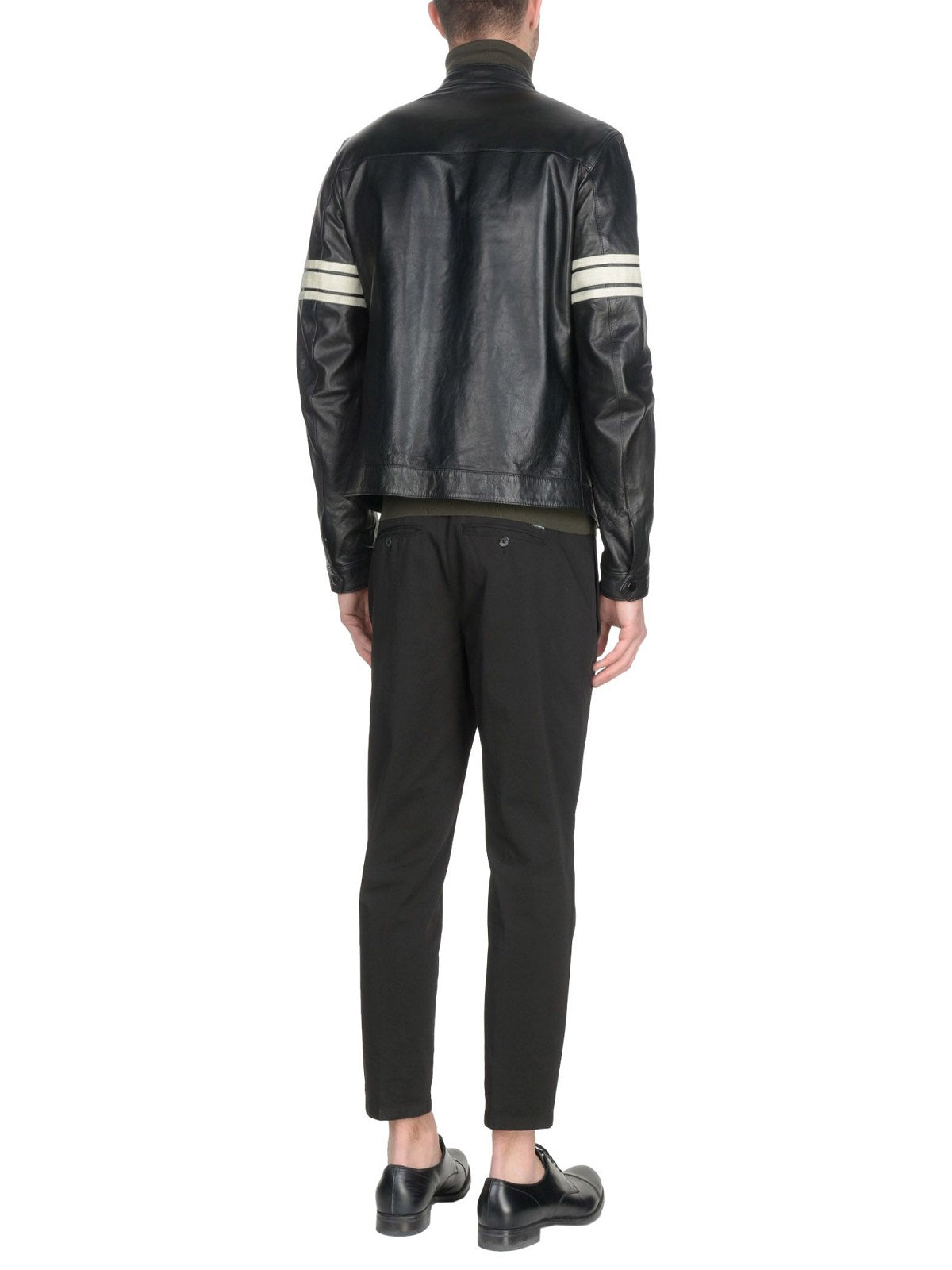 Men’s Apex Black Leather Jacket with White Racing Stripes | Industrial Moto Gilet | Full Grain Apparel