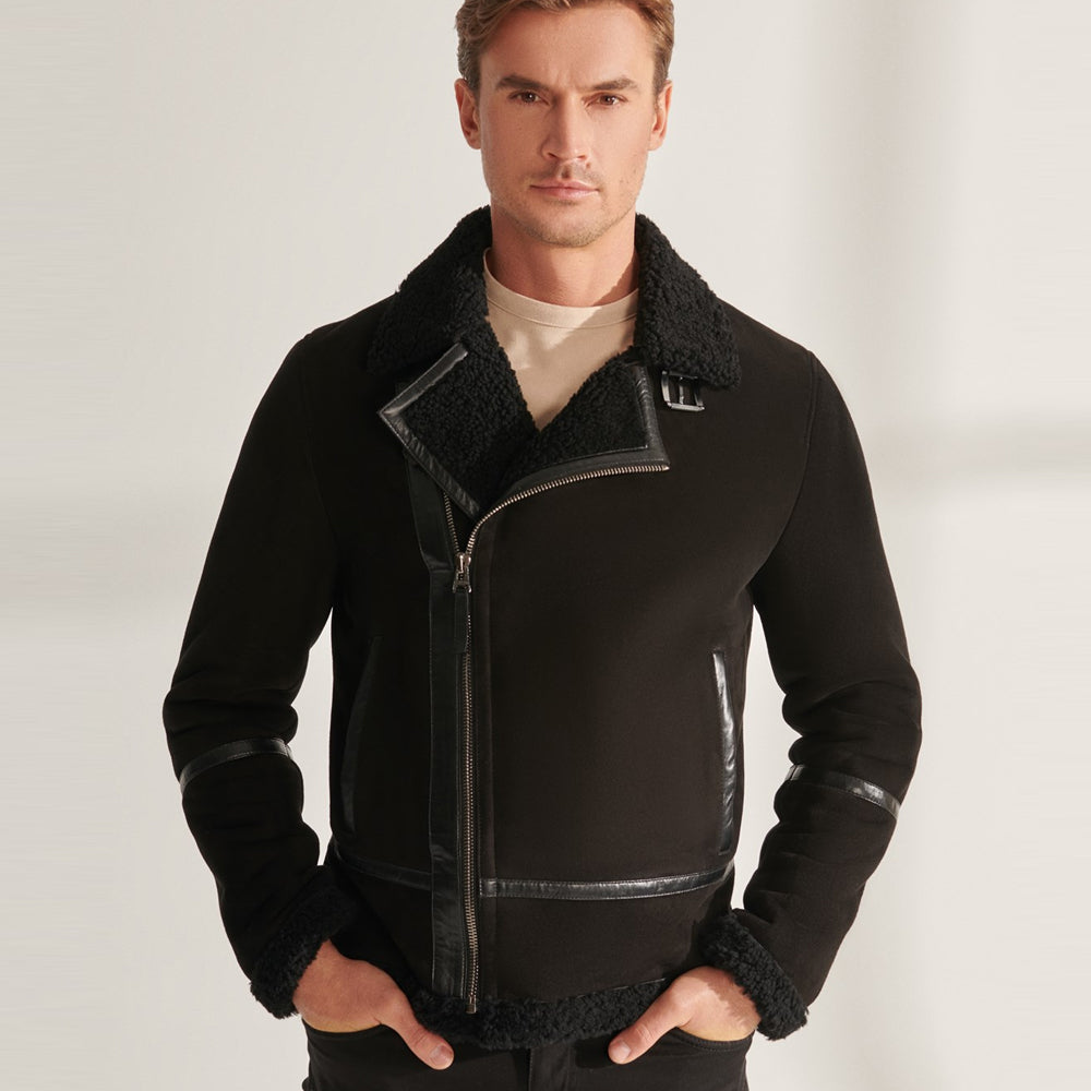 Men’s Black Pilot Sheepskin Shearling Leather Aviator Jacket | Full Grain Apparel