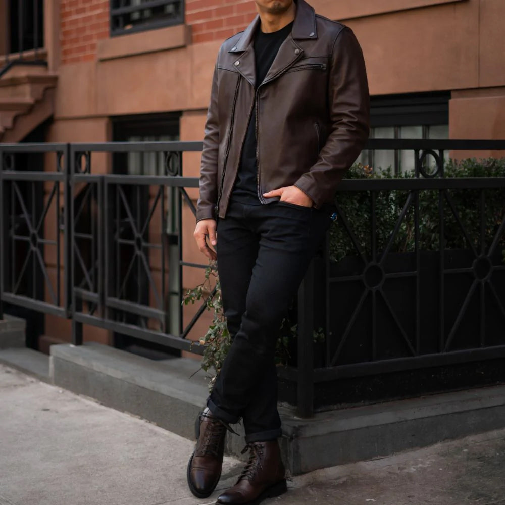 Chaqueta de motociclista "Iron-Thrust" marrón para hombre | Piel de oveja de primera calidad | Ropa de piel plena flor