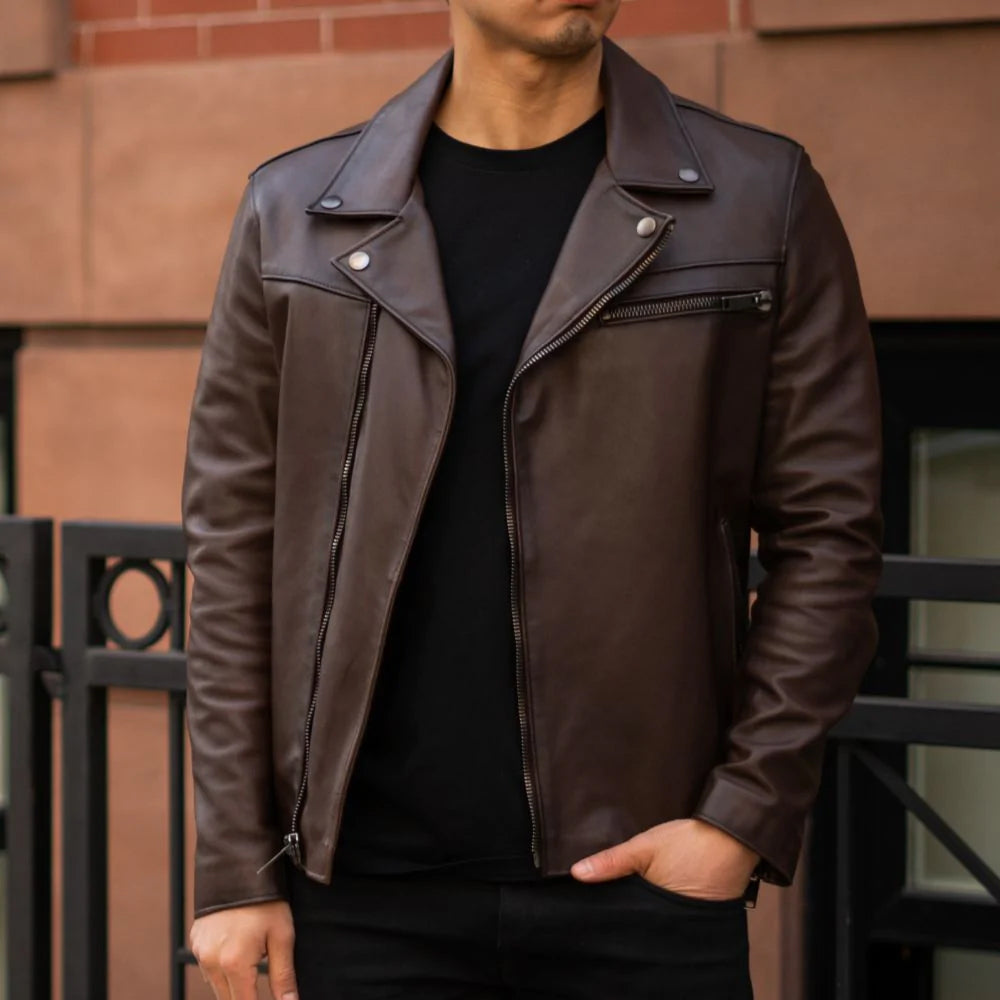 Chaqueta de motociclista "Iron-Thrust" marrón para hombre | Piel de oveja de primera calidad | Ropa de piel plena flor