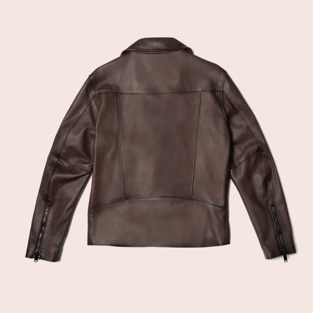 Chaqueta de motociclista "Iron-Thrust" marrón para hombre | Piel de oveja de primera calidad | Ropa de piel plena flor