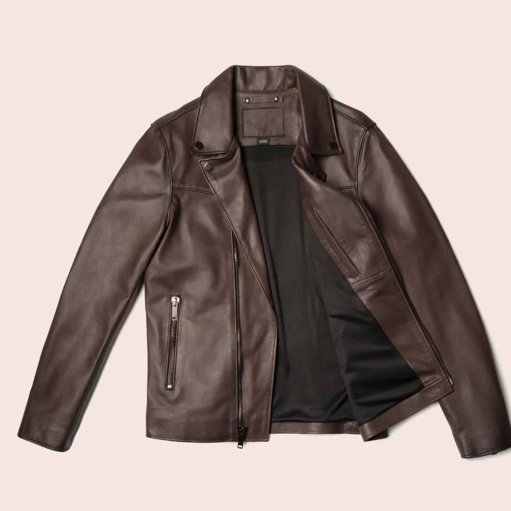 Chaqueta de motociclista "Iron-Thrust" marrón para hombre | Piel de oveja de primera calidad | Ropa de piel plena flor