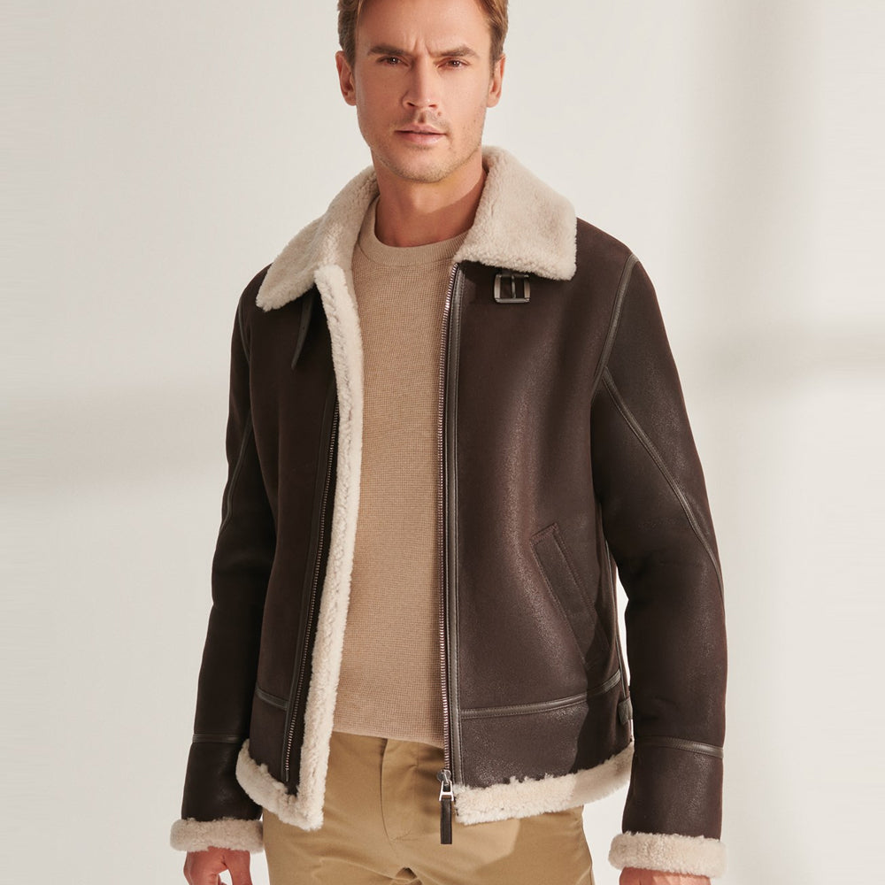 Men’s Brown Pilot Shearling Leather Aviator Jacket | Full Grain Apparel