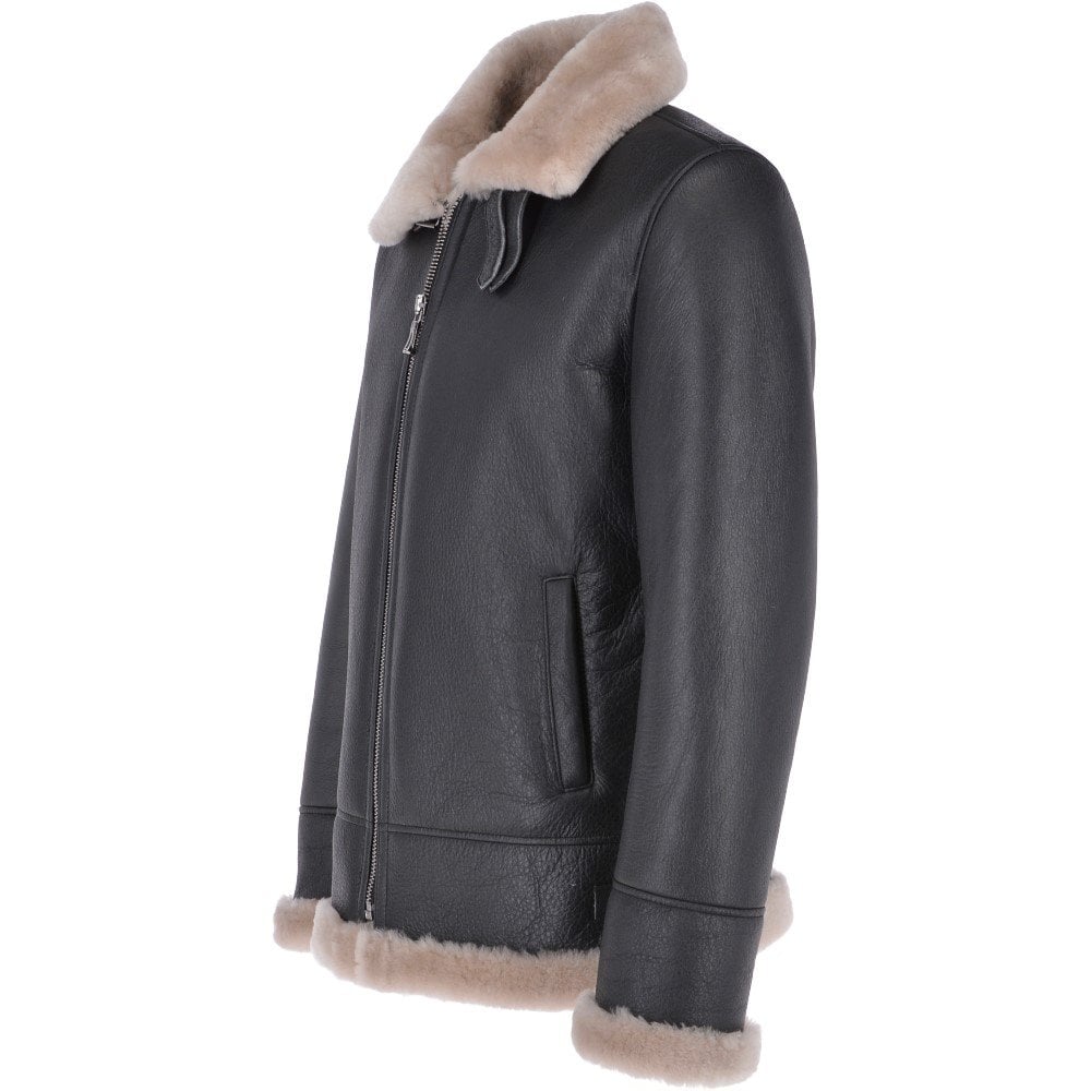 Men’s Brown Shearling Real Black Leather Bomber Jacket | Full Grain Apparel