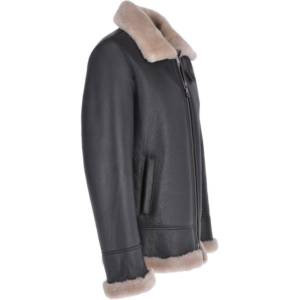Men’s Brown Shearling Real Black Leather Bomber Jacket | Full Grain Apparel