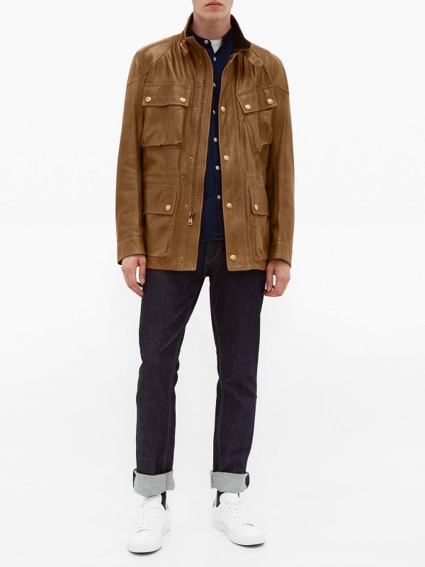 Men’s Iron-Forge Brown Utility Leather Jacket | Industrial Multi-Pocket Gear | Full Grain Apparel