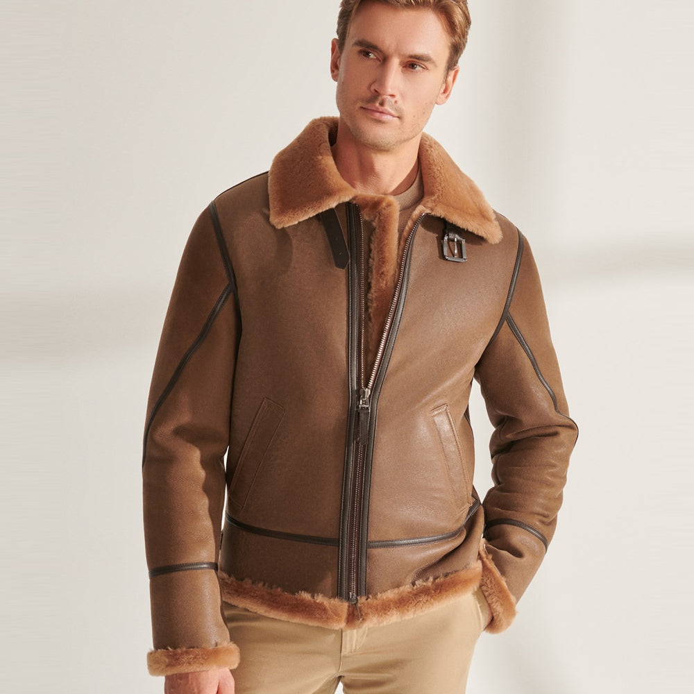 Men’s Camel Brown B3 Shearling Pilot Aviator Leather Jacket | Full Grain Apparel