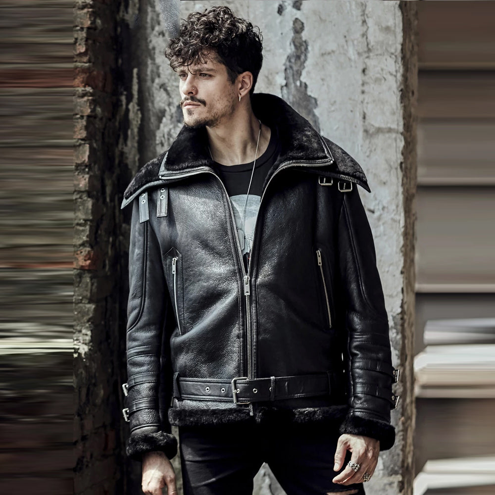 Men’s Double Collar Black B-3 Flight Aviator Jacket - The High-Altitude Fortress | Full Grain Apparel