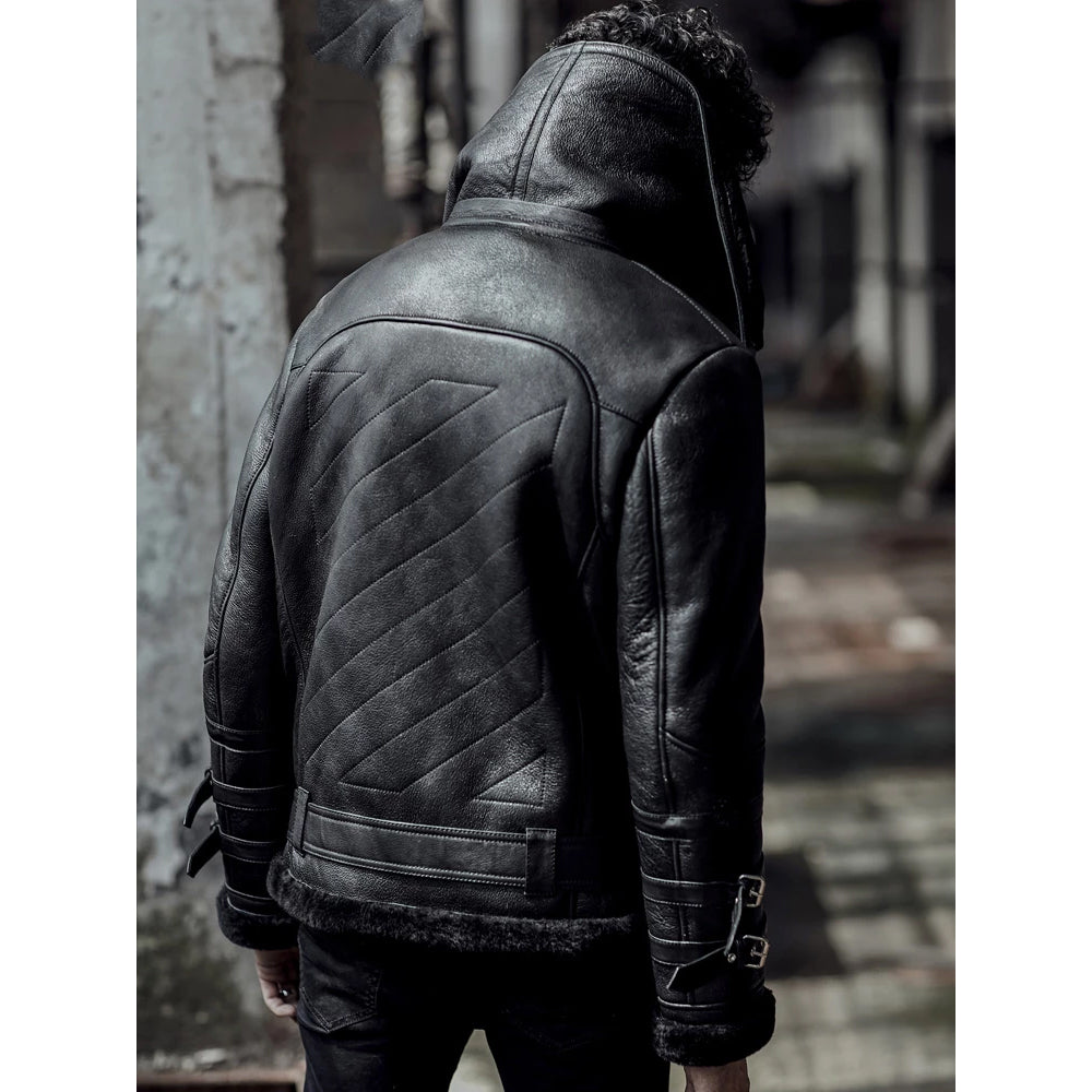 Men’s Double Collar Black B-3 Flight Aviator Jacket - The High-Altitude Fortress | Full Grain Apparel
