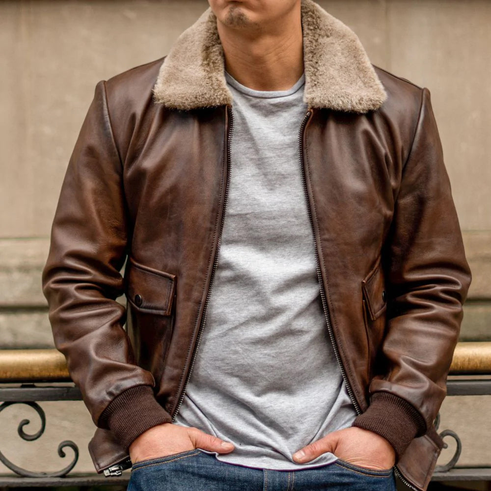 Chaqueta de aviador G-1 "Midnight Aviator" para hombre | Cazadora bomber de piel de oveja flor superior color chocolate | Prendas de piel de grano completo