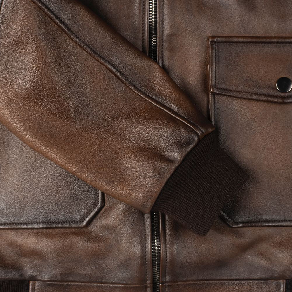 Chaqueta de aviador G-1 "Midnight Aviator" para hombre | Cazadora bomber de piel de oveja flor superior color chocolate | Prendas de piel de grano completo