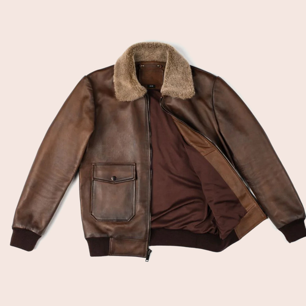 Chaqueta de aviador G-1 "Midnight Aviator" para hombre | Cazadora bomber de piel de oveja flor superior color chocolate | Prendas de piel de grano completo