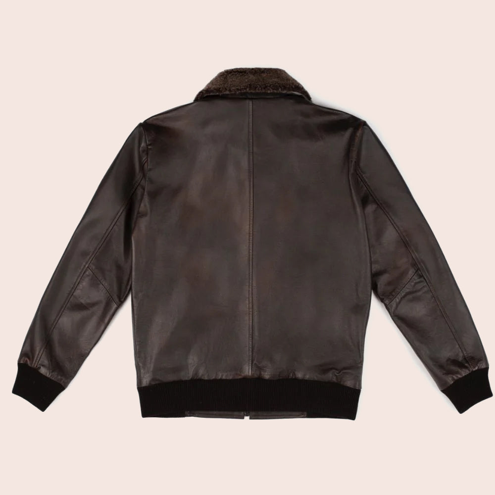Chaqueta de aviador G-1 de piel de cordero "Maverick de primera clase" para hombre | Bomber icónico de piel de cordero marrón con cuello de borrego | Prenda de cuero de plena flor