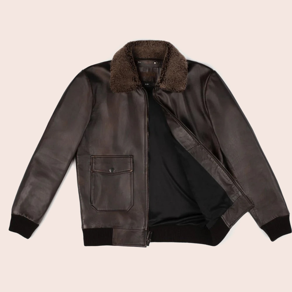 Chaqueta de aviador G-1 de piel de cordero "Maverick de primera clase" para hombre | Bomber icónico de piel de cordero marrón con cuello de borrego | Prenda de cuero de plena flor