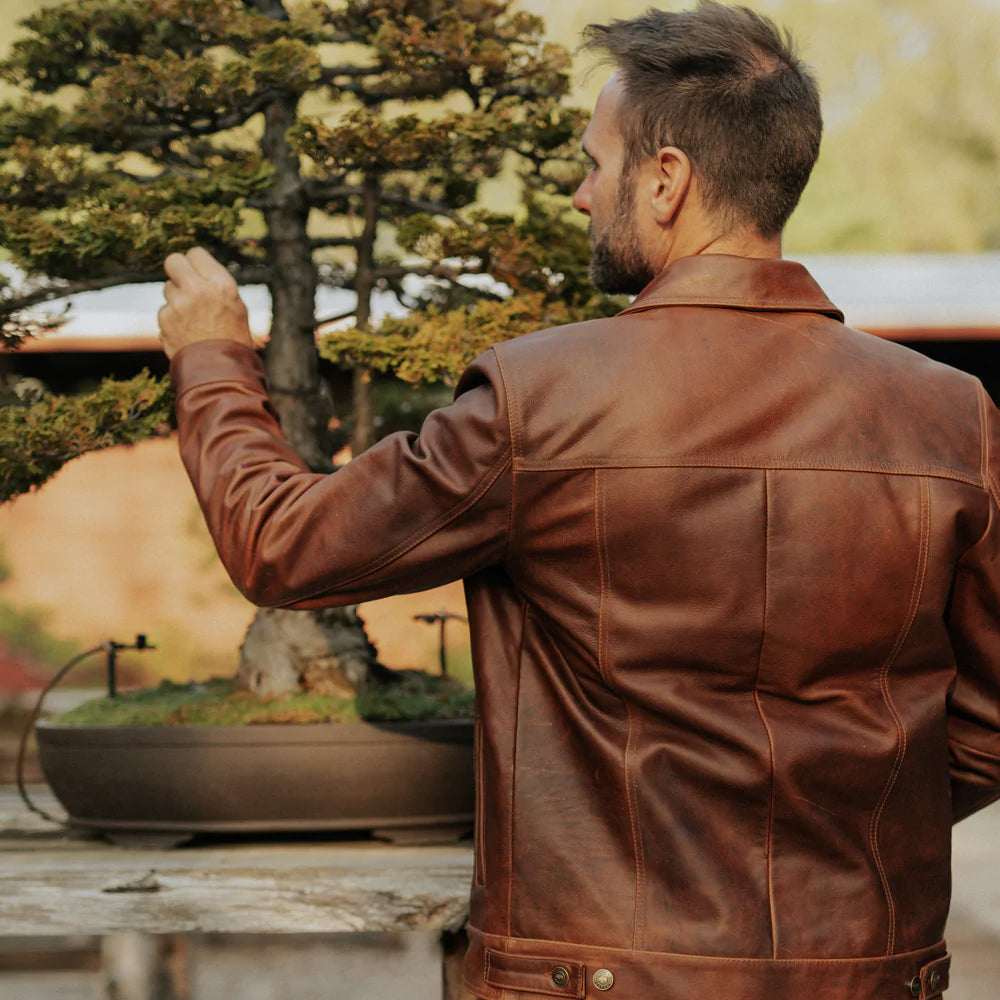Men’s "Roughneck" Plain Brown Trucker Jacket | Rugged Genuine Goatskin Leather | Full Grain Apparel