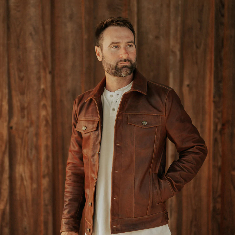 Men’s "Roughneck" Plain Brown Trucker Jacket | Rugged Genuine Goatskin Leather | Full Grain Apparel