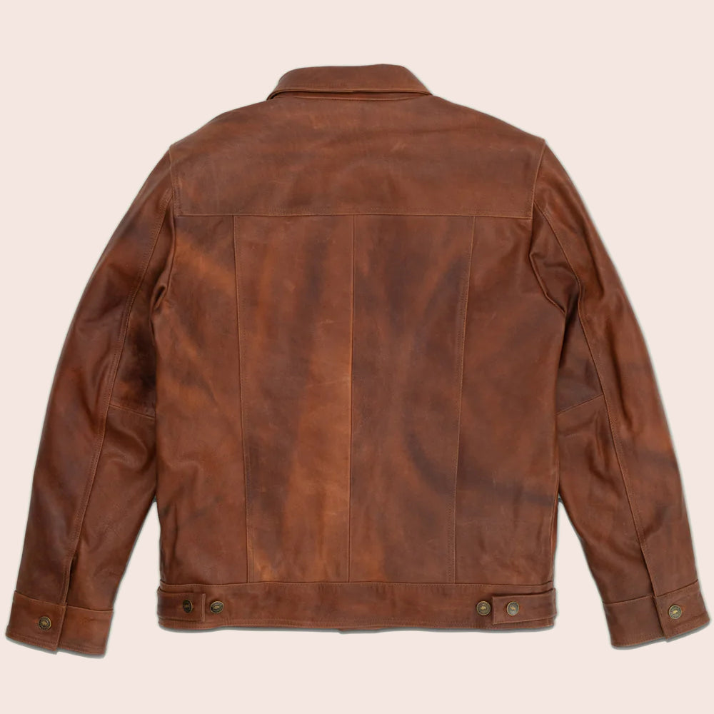 Men’s "Roughneck" Plain Brown Trucker Jacket | Rugged Genuine Goatskin Leather | Full Grain Apparel