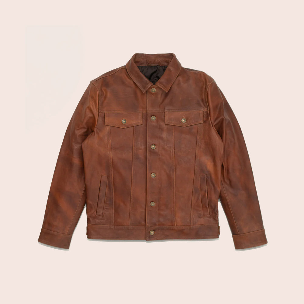 Men’s "Roughneck" Plain Brown Trucker Jacket | Rugged Genuine Goatskin Leather | Full Grain Apparel