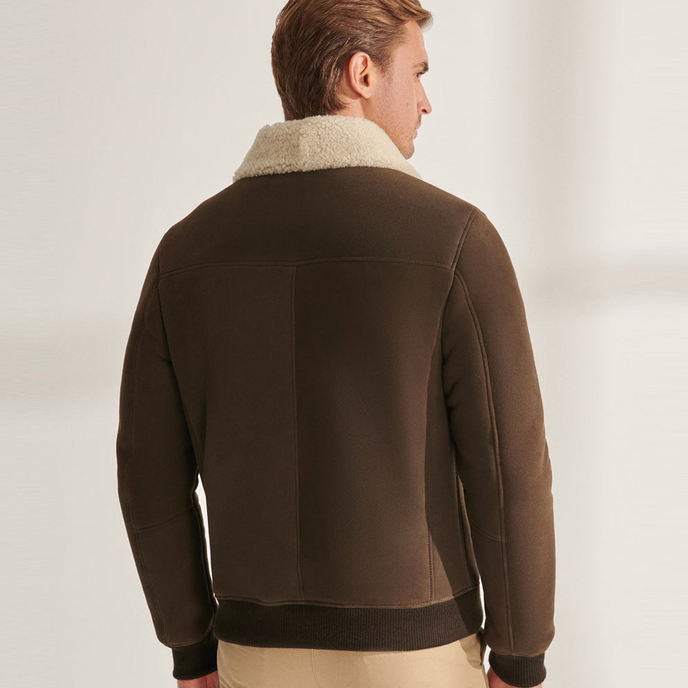 Men’s Khaki Brown Sheepskin Shearling Leather Bomber Jacket | Full Grain Apparel