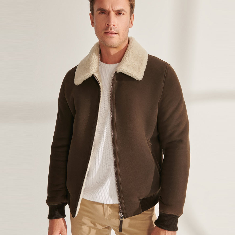 Men’s Khaki Brown Sheepskin Shearling Leather Bomber Jacket | Full Grain Apparel