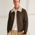 Men’s Khaki Brown Sheepskin Shearling Leather Bomber Jacket | Full Grain Apparel