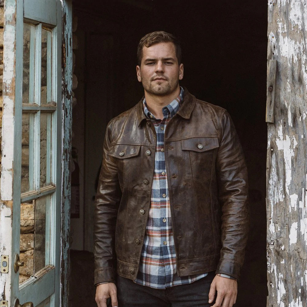Men’s "Canyon Legend" Iconic Brown Trucker Jacket | Premium Lambskin Leather | Full Grain Apparel