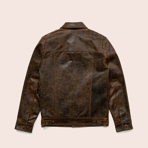 Chaqueta para hombre "Canyon Legend" icónica tipo camionero marrón | Piel de cordero premium | Prenda de cuero de grano completo