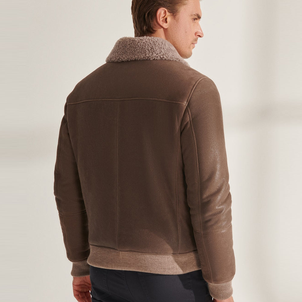 Chaqueta de aviador de cuero shearling de piel de oveja marrón claro para hombre | Prenda de piel plena flor