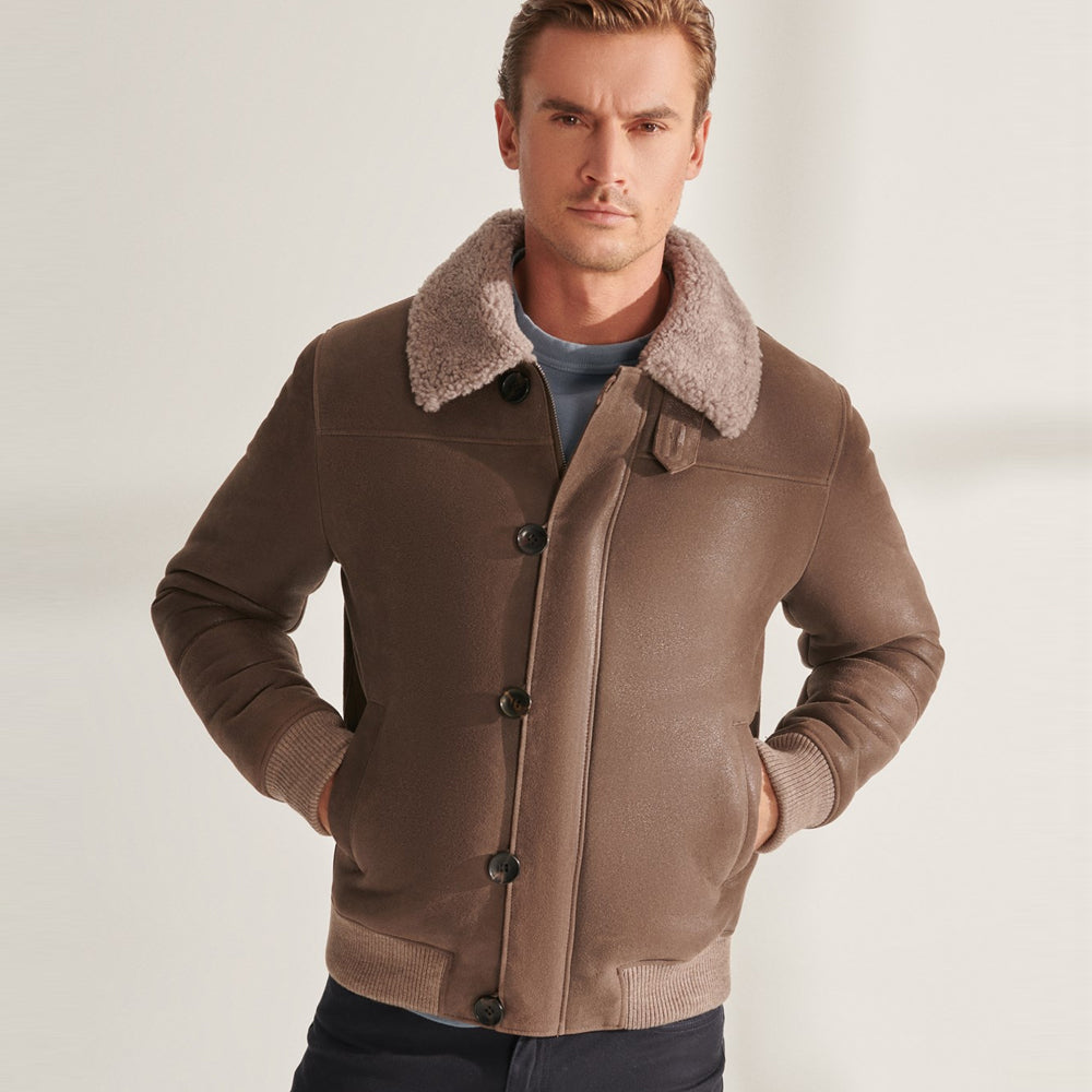 Men’s Light Brown Sheepskin Shearling Leather Bomber Jacket | Full Grain Apparel