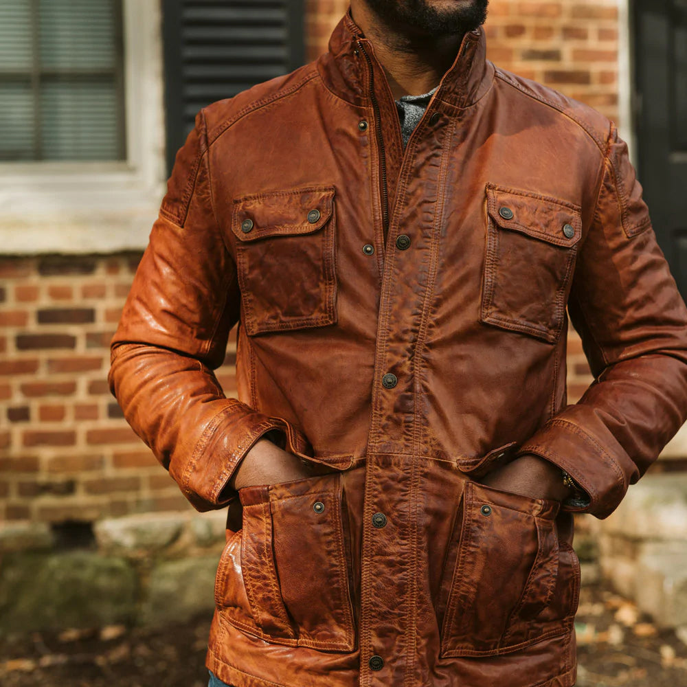 Men’s "Quest" Heritage Field Jacket | Brown Pure Fine-Grain Lambskin Leather | Full Grain Apparel