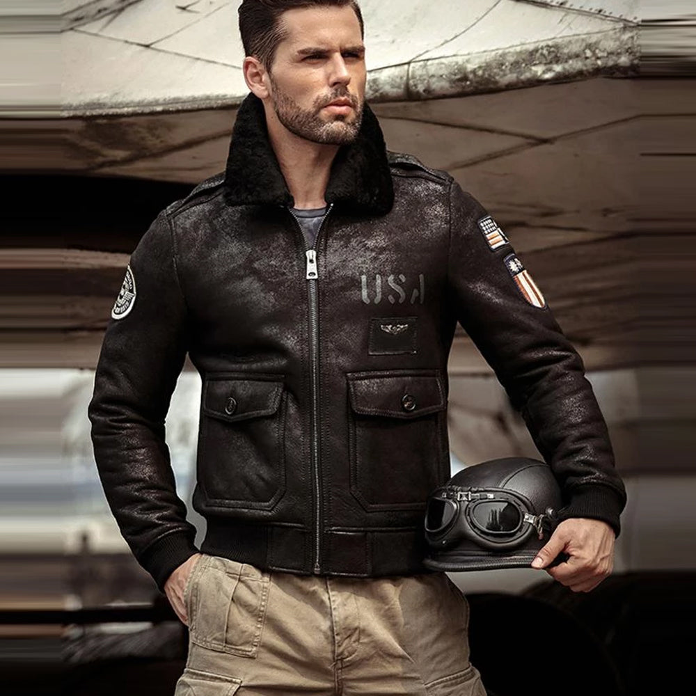 Men’s RAF B-3 Black Suede & Leather Shearling Bomber Jacket - The Stealth Aviator | Full Grain Apparel